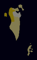 Bahrain dotted map. Digital style map of the country on dark background. Bahrain shape with circle dots. Colored dots style. Small size circles. Creative vector illustration.