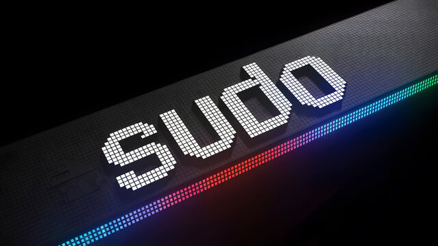 The word "sudo" in pixelated white text on a dark, illuminated digital panel, representing command-line interfaces and programming in Linux ecosystem
