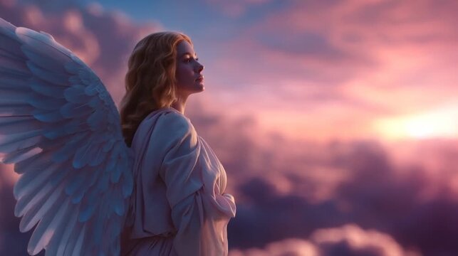 Heavenly Encounter: Angel Among the Clouds at Sunset
