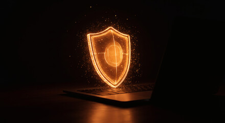 Cybersecurity concept with a glowing shield icon providing digital protection. Data security and network safety for computers.