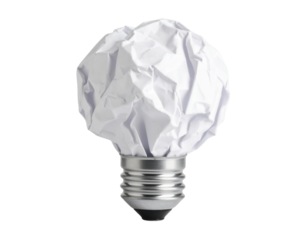 A light bulb with a crumpled white paper replacing the glass bulb, symbolizing creativity or ideas.