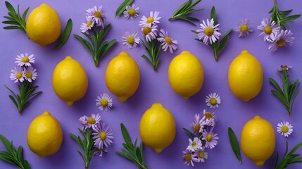 Lemons and flowers arranged on a purple background.