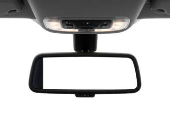 Modern car's interior rearview mirror with a blank white digital screen, sleek overhead console, and illuminated light, on a pristine transparent studio background with copy space, bright shadowless