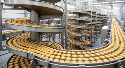 A vast industrial bakery conveyor system with countless golden cookies spiraling upwards and along automated production lines.