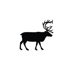 A black silhouette of a reindeer with large antlers standing on a white background.