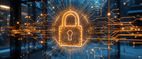 Abstract pop up cyber protection 3d digital lock which created by millions of tiny glowing particles connected by glowing lines, golden gradient blending colors, glowing blue and green lines around th
