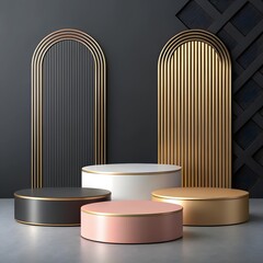 “Elegant geometric podiums with black, white, pink, and gold tones.”


