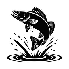 Jumping Walleye Fish Vector Silhouette | Black and White Splashing Freshwater Fish Illustration | Editable EPS Clipart for Fishing Logo, T-Shirt Design, Emblem, Sticker, Badge & Branding