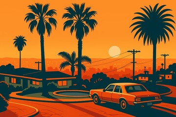 Retro car driving through a palm-lined neighborhood at sunset with a city view.

