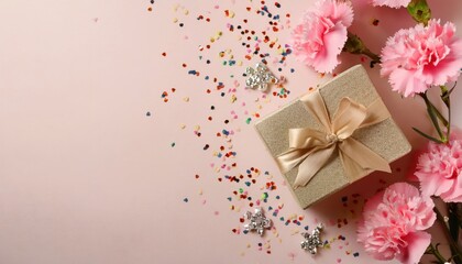 Obraz premium elegant gift box with golden ribbon surrounded by pink carnations and festive confetti on pastel background for celebration design or greeting card