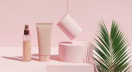 Serene cosmetic products artfully arranged with soft lighting and a tropical leaf, evoking beauty and self-care.