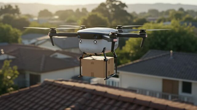 Delivery Drone Carrying Package Above Suburban Neighborhood on Sunny Day, Service-Oriented Residential Scene