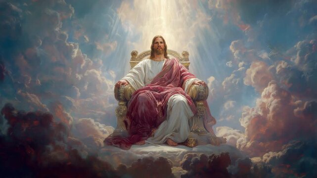 Jesus sitting on a heavenly throne with a brilliant light behind him