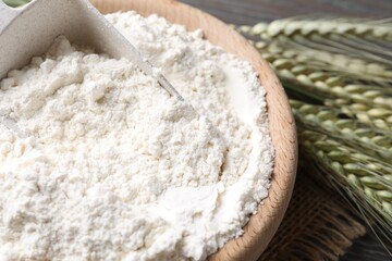 Flour in bowl and green wheat spikes on table, closeup