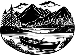 Tranquil Lake Scene: A serene illustration depicts a boat floating on a tranquil lake surrounded by majestic mountains, creating a sense of peace and adventure.