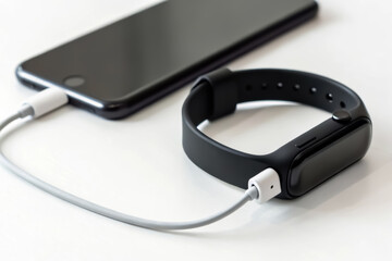 Fitness tracker, Smartwatch charging next to a smartphone on a clean surface.