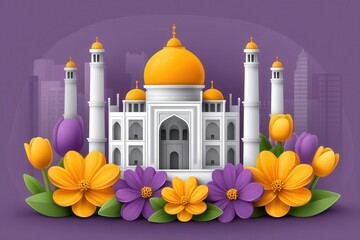 Vivid digital art illustration of a majestic architectural marvel inspired by historical significance amidst colorful blossoms embodying cultural richness and urban vibrancy reflecting artistic