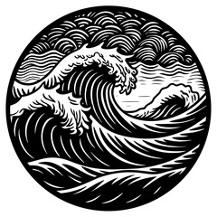 The Great Wave: A striking, monochrome, artistic representation of the ocean's raw power. The crashing wave, masterfully depicted in a circle, embodies the force and beauty of nature.