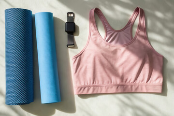 Fitness tracker, Workout gear including a pink sports bra, yoga mats, and a fitness watch arranged neatly on a surface.