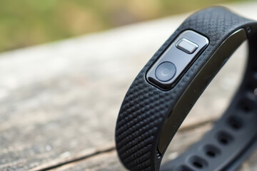 Fitness tracker, Smart fitness tracker on a wooden surface, showcasing its sleek design and display features.