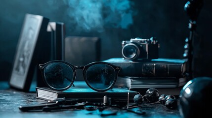 Dark moody workspace with camera and glasses for masculine photography branding product editorial photography scene