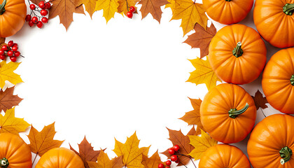 Autumn harvest pumpkins and colorful fall leaves border with copy space