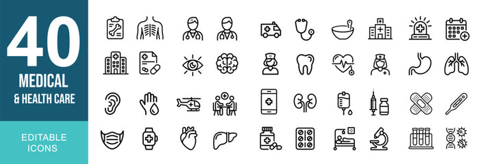  Medical and Healthcare Line Icons Set – Editable Thin Stroke Hospital, Doctor, and Medicine Vector Collection