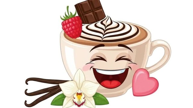Cute cartoon of a laughing coffee cup with chocolate and berries, representing a cheerful morning or Valentine's treat, with copy space