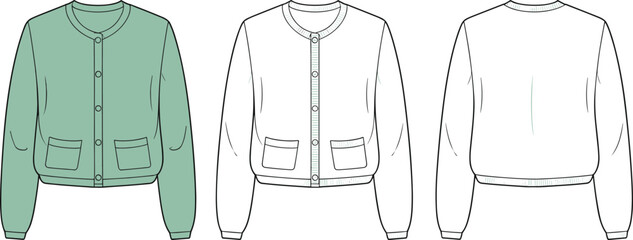 Women's cropped cardigan CAD flat sketch, front and back technical fashion illustration, vector apparel template for clothing design