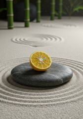 A halved lemon resting on a smooth stone in a zen garden with bamboo stalks in the background