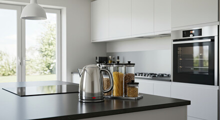Modern Kitchen Still Life Stainless Steel Kettle and Glass Food Jars.