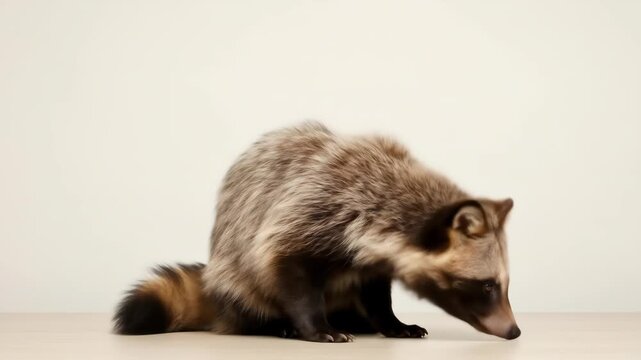 Raccoon Dog Sitting on Wooden Surface - A raccoon dog sits calmly on a light-colored wooden surface against a neutral background.