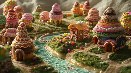 Fototapeta premium Colorful gingerbread houses and candies