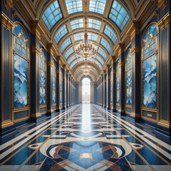 Obraz premium Grand Palace Corridor Gleaming with Golden Embellishments and Blue Stained Glass Windows