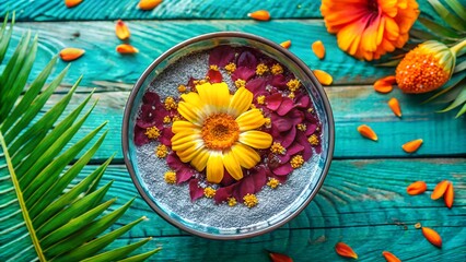 Naklejka premium Photo of an exotic smoothie bowl featuring dragon fruit and passionfruit, adorned with edible flowers and surrounded by tropical fruits