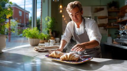 Chef Sprinkling Powdered Sugar on Freshly Baked Croissants