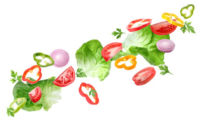 Fresh vegetables for salad flying against white background