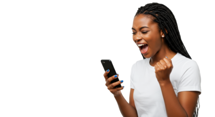 Young african american woman, early 20s, with long braided hair, in a white t-shirt and blue nails, ecstatically reacting to her smartphone on a bright white studio background with copy space.