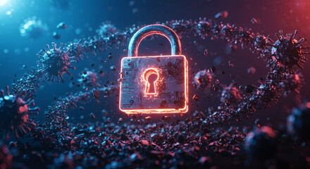 Cybersecurity and data protection concept. A glowing padlock symbolizes digital defense against viral threats and malware.
