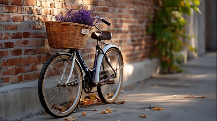 Vintage Bicycle With Basket Full of Fresh Lavender Against Brick Wall