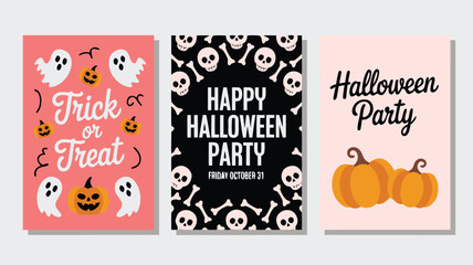 Naklejka premium Cute Halloween Party Invitation Posters with Ghosts, Pumpkins, Skulls and Bones Illustrations Variety