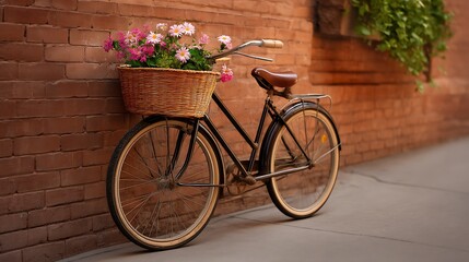 Vintage Bicycle with Flower Basket Against Brick Wall Background