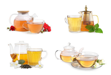 Flower and herbal teas isolated on white, set