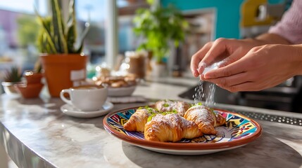 Freshly Baked Croissants with Powdered Sugar and Coffee on Table