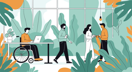 Diverse team collaborates effectively in a bright modern office space surrounded by lush greenery promoting well being