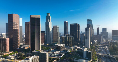 Fototapeta premium Los Angeles city. LA downtown aerial view. Los Angeles skyline. LA skyscrapers. Los Angeles from a top view. Downtown towers of Los Angeles. Panoramic scene of LA skyline. American city in California.