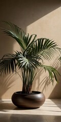Obraz premium Sunlight casts shadows on an areca palm, enhancing the serene and inviting atmosphere of a minimalist indoor space with a modern aesthetic