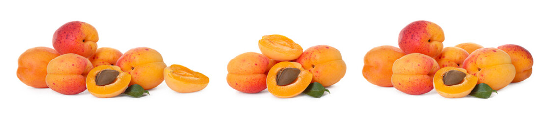 Fresh ripe apricots isolated on white, set