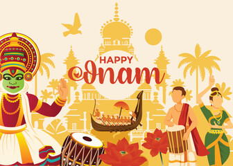Happy Onam Festival concept with Kathakali dancer, Kerala’s traditional people, and floral decorations. Perfect for greeting cards, festive posts, and Onam celebration designs.