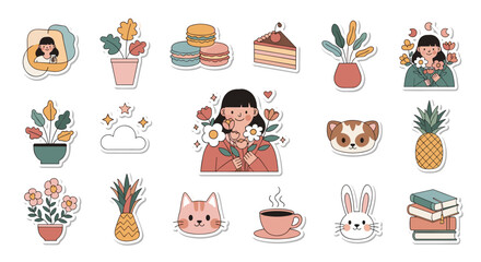 A collection of whimsical pixel art stickers featuring flowers cute animals and sweet treats perfect for personalization